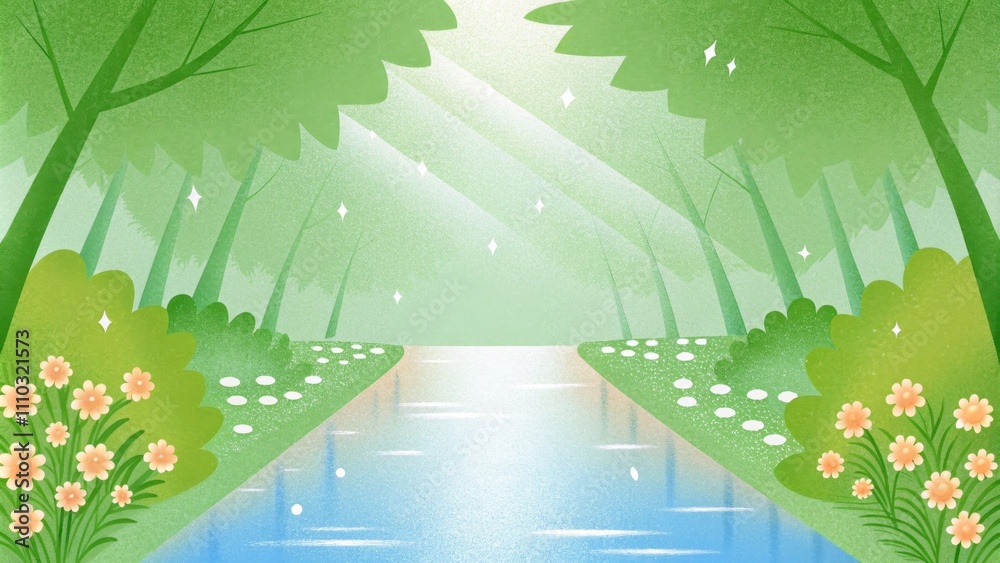 Poster a reflective river winds through a pristine forest where light streams through the lush canopy above