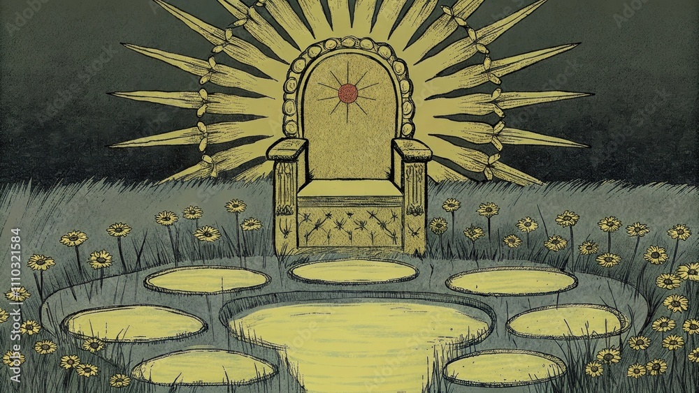 Poster a radiant throne surrounded by a celestial aura sits amidst a field of soft glowing grasses. streams