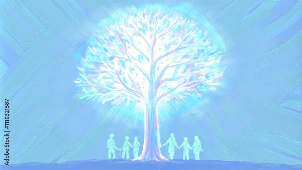 Poster a radiant tree of life sits majestically in a clearing filled with whispers of wind and soft sunligh