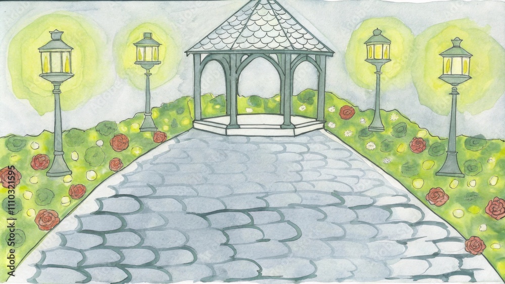 Poster a romantic winding cobblestone path leads through a whimsical garden filled with ling fairy lights. 