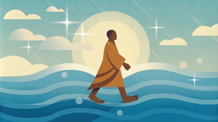 A portrait of a figure walking steadily on the water surrounded by a soft mist that rises from the sea. The mist swirls around him like a gentle embrace and the light from the. Cartoon