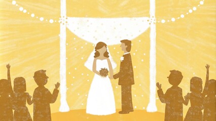 A radiant bride and groom at the center of the celebration their faces alight with joy. The bride wears a gown adorned with flowers while the groom is in a simple yet elegant robe. Cartoon