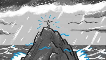 A rugged cliff overlooks a vast ocean where a figure stands with arms wide open embracing the salty breeze. Below waves crash against the rocks representing both the challenges of. Cartoon