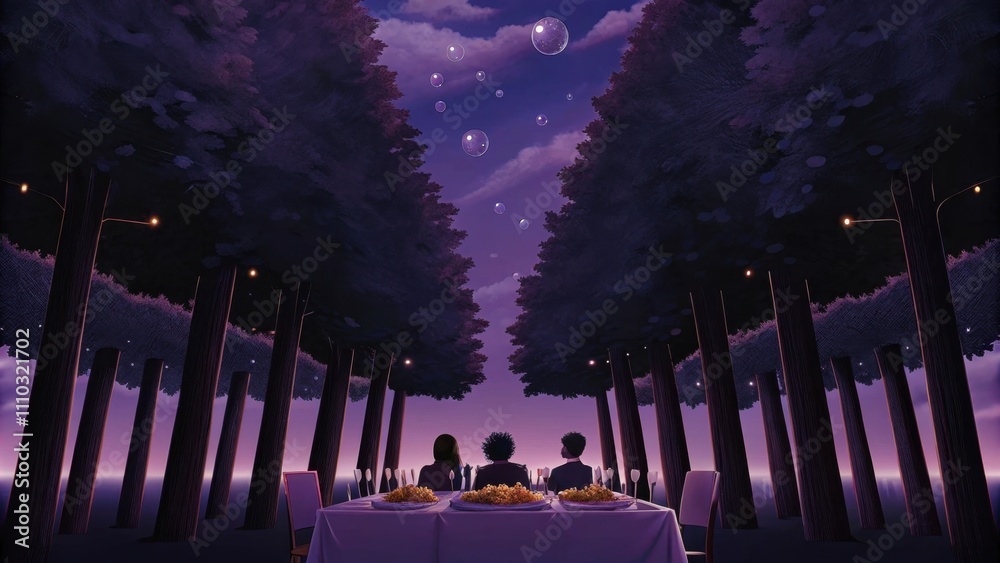 Poster A serene landscape filled with towering luminous trees that provide shade over an extensive feast. The table is set with crystal goblets and vibrant salads while guests adorned in. Cartoon