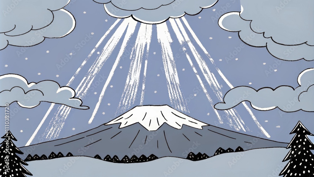 Poster A serene landscape unfolds under a majestic mountain backdrop covered with wisps of cloud. Beams of light emerge from an unseen source above casting down luminescent patterns on. Cartoon