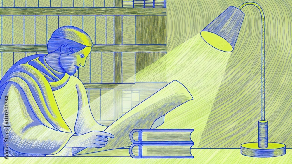 Poster A serene library filled with ancient scrolls and books. One servant diligently studies a scroll furrowing his brow in concentration as he seeks knowledge about trade and. Cartoon