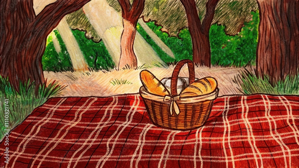 Poster A serene outdoor setting with a picnic blanket spread on the grass and a basket overflowing with different types of bread. The sunlight dapples through tree branches creating. Cartoon