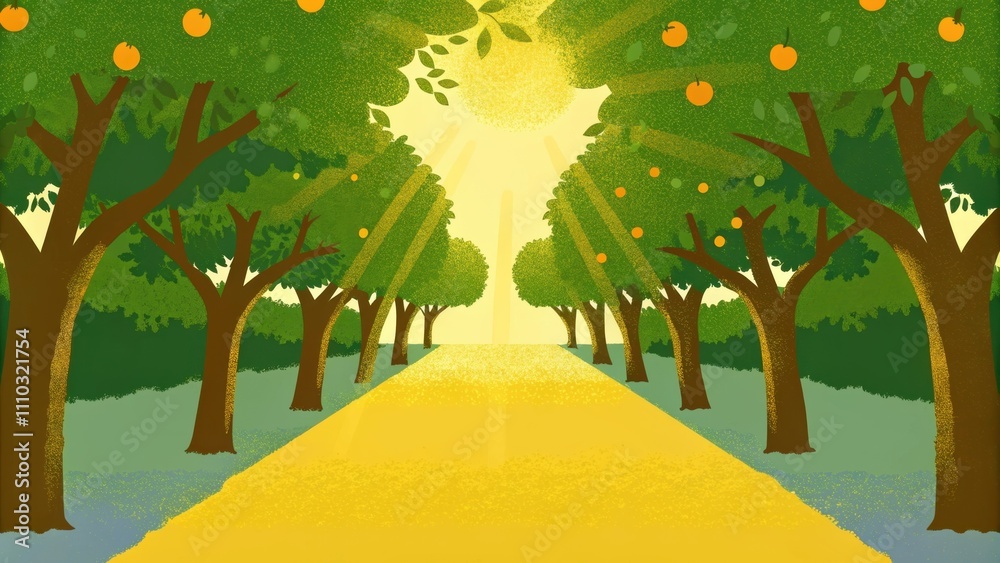 Aufkleber a serene path through a tranquil orchard where golden rays of sunlight pierce the canopy of branches