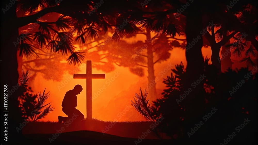 Poster a silhouetted figure kneels at a cross set in a quiet forest clearing dappled sunlight filtering thr