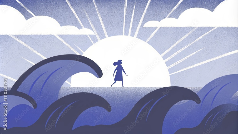 Poster a shadowy figure walks on water with large waves crashing in the background. the sun peeks through o