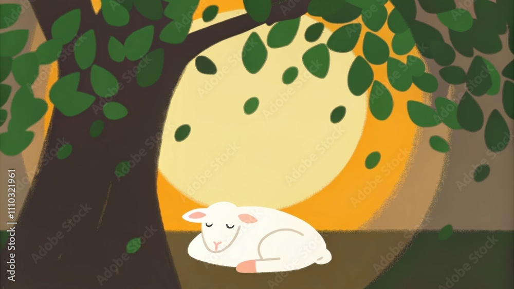 Poster A soft diffused light envelops a lamb reclining peacefully under a tree. The trees leaves filter the sunlight creating a mosaic of light and shade on the lambs back making it. Cartoon