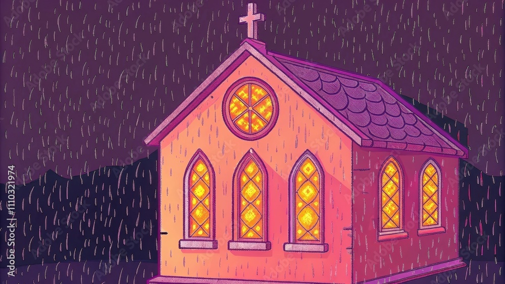 Poster A small humble chapel set against a backdrop of deep night its stained glass windows glowing with a warm inviting light. Shadows loom around the structure but the light from within. Cartoon
