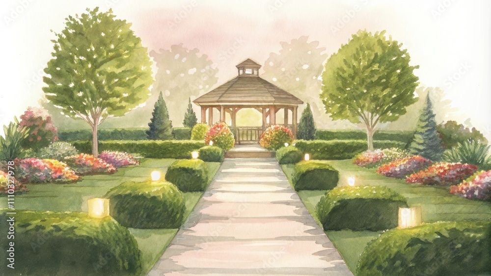 Poster A small serene garden filled with carefully manicured hedges and colorful flowers is illuminated by soft garden lights creating a magical atmosphere. A stone pathway winds through. Cartoon