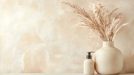 A minimalist arrangement featuring a vase with dried flower and a lotion bottle on a soft background.