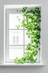White window, vibrant green vine, bright room.