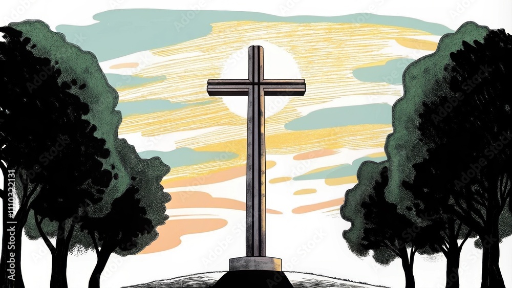 Poster a tall iron cross dominates the landscape atop a gently rolling hill as golden light washes over the