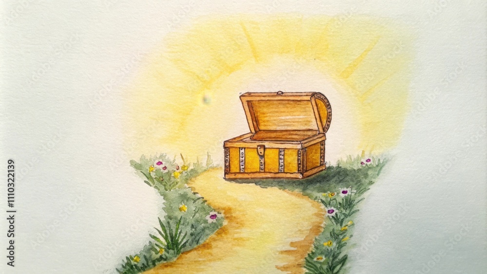 Poster A symbolic representation of the parable where a broken path leads to a sunlit clearing. At its center a glowing chest sits casting light on a clump of dirt and wildflowers. The. Cartoon