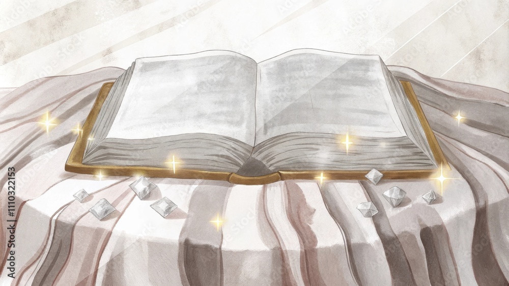 Poster A textured cloth serves as a backdrop for a Bible lying open with golden edges that refract light into tiny sparkles. Surrounding the book are small crystals that catch the light. Cartoon
