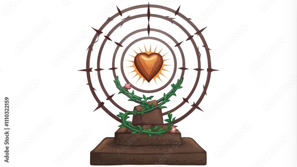 Poster atop a weathered stone pedestal a heart glows with an intense white light shrouded in a circular arr
