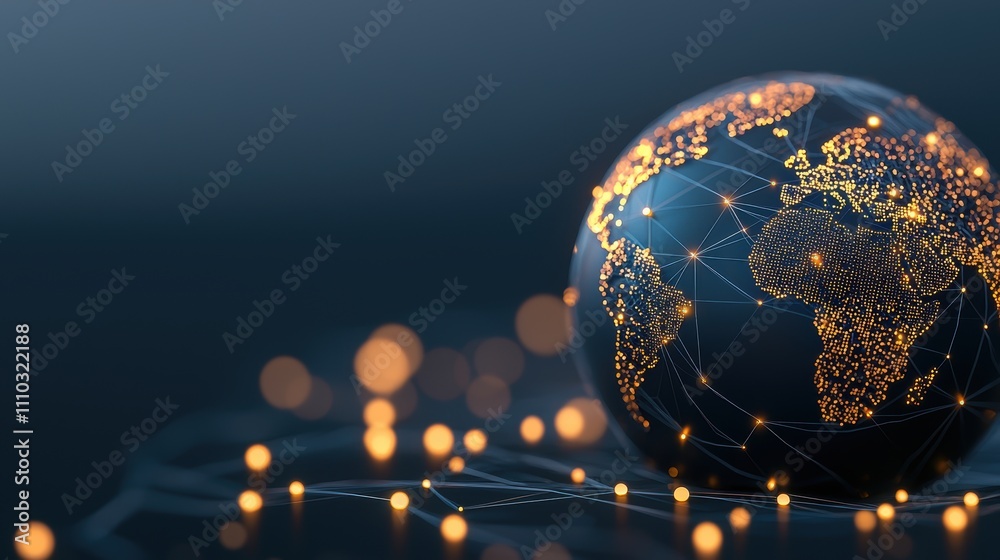 Poster a glowing globe interconnected with a web of nodes and lines, representing global communication and 