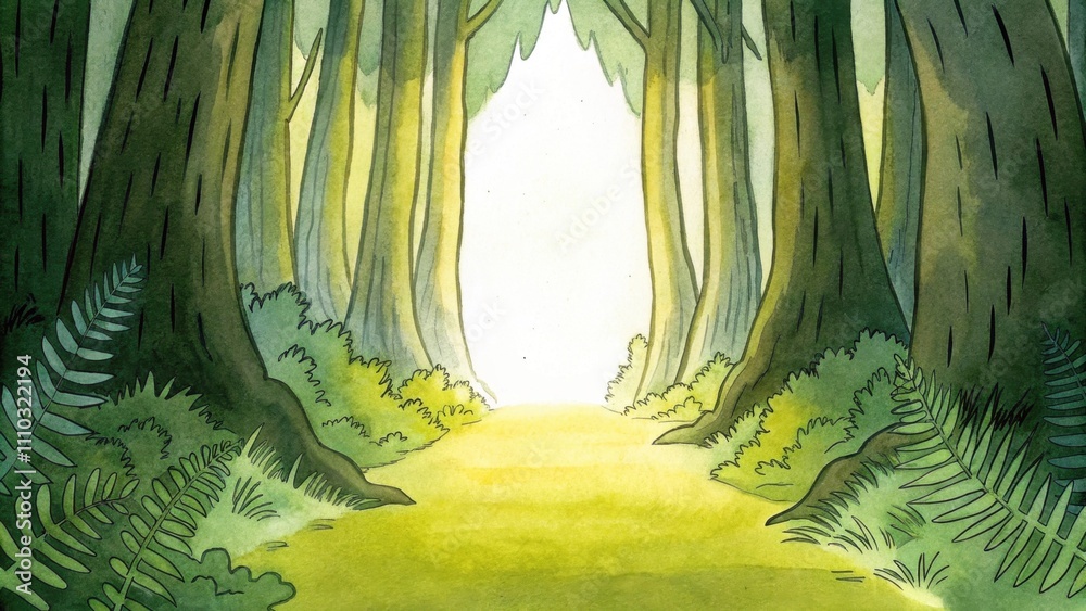 Poster a tranquil forest trail framed by towering trees and lush ferns leads toward a clearing where a bril