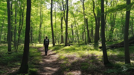 Hiker Walks A Sun Dappled Forest Path