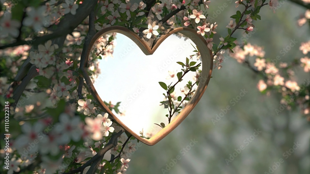 Poster A whimsical heartshaped mirror is nestled a the branches of a flowering tree. The light filtering through the leaves transforms into dappled patterns reflected in the mirror. Cartoon