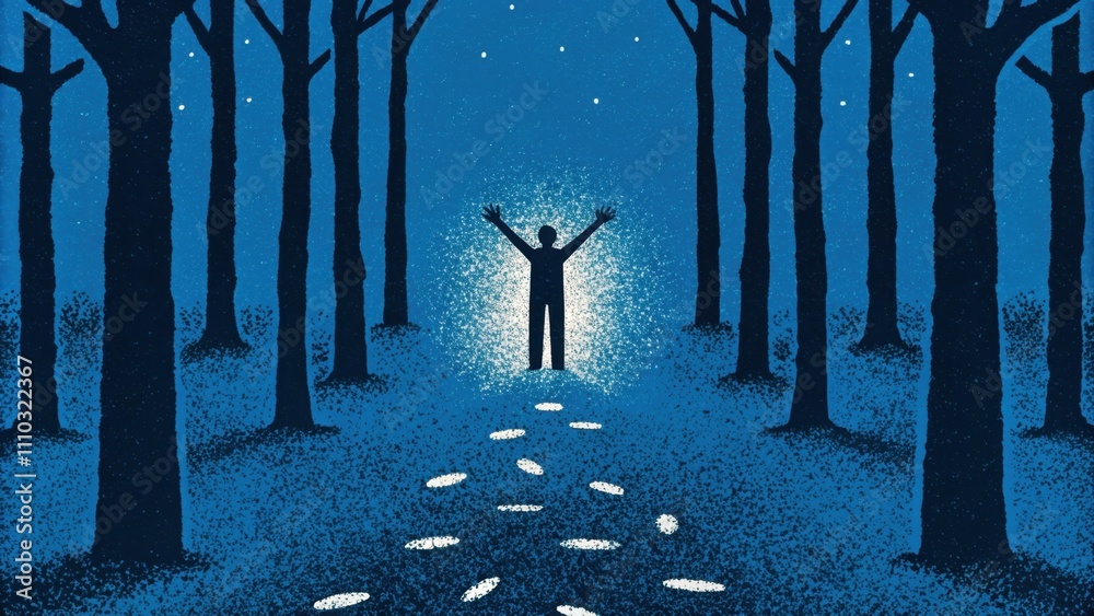 Poster a winding forest trail is bathed in the golden light of dusk where a lone figure stands at the cente