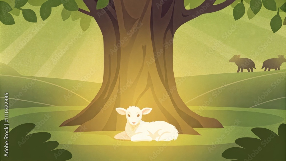 Poster Beneath an ancient oak tree a lamb with bright shimmering wool rests peacefully on the ground surrounded by soft light. Around it wolves remain camouflaged a the rich foliage their. Cartoon