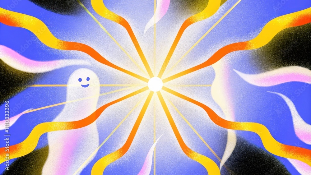 Poster bright rays of light emanating from a central core with wispy ribbons of color swirling outward. wit