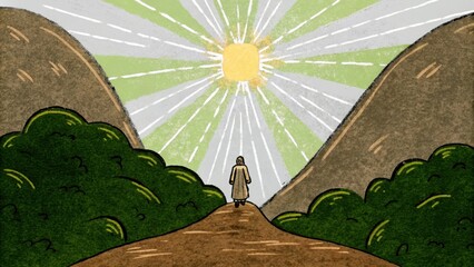 Obraz premium A wandering ascetic is depicted on a winding path through a rugged landscape with a glowing halo encircling them. The halo radiates vibrant shades of green and gold that mirror the. Cartoon
