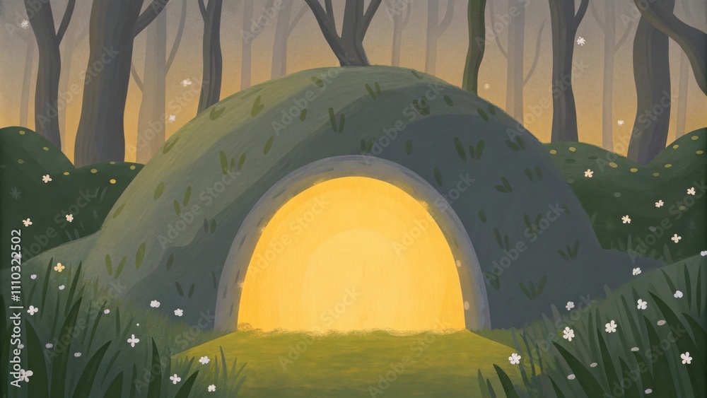 Poster glowing resting place a circular tomb enveloped by a tranquil forest. the entrance is wide revealing