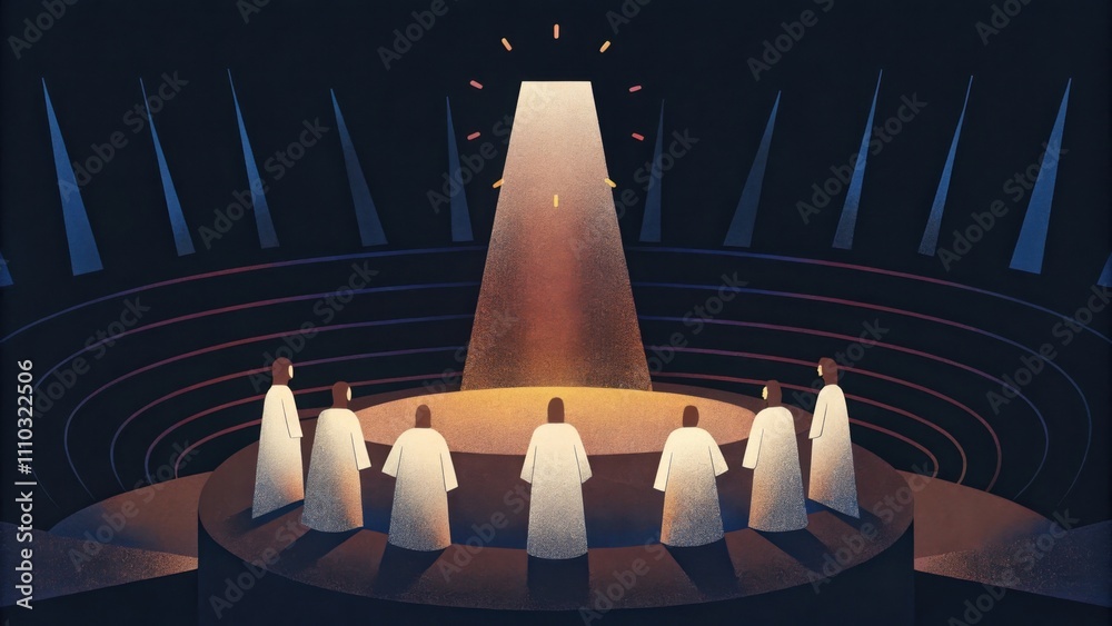 Poster Illuminated Presence A grand oversized throne beams light from its core surrounded by figures robed in white that gradually fade into light. They stand in a circular formation. Cartoon