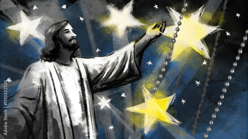 Poster in a celestial setting jesus stands amid vibrant constellations extending his hand as beams of light