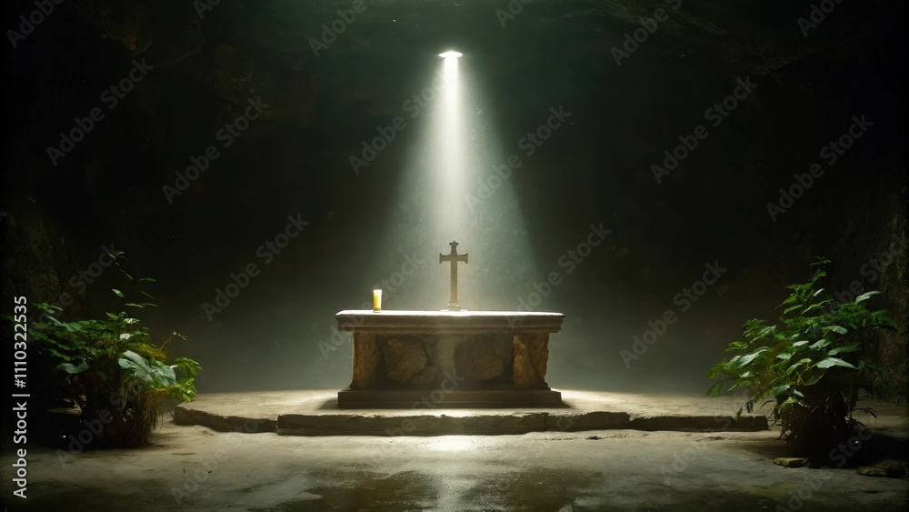 Poster in a cavernous space ancient walls loom in darkness but in the center a shaft of brilliant light des