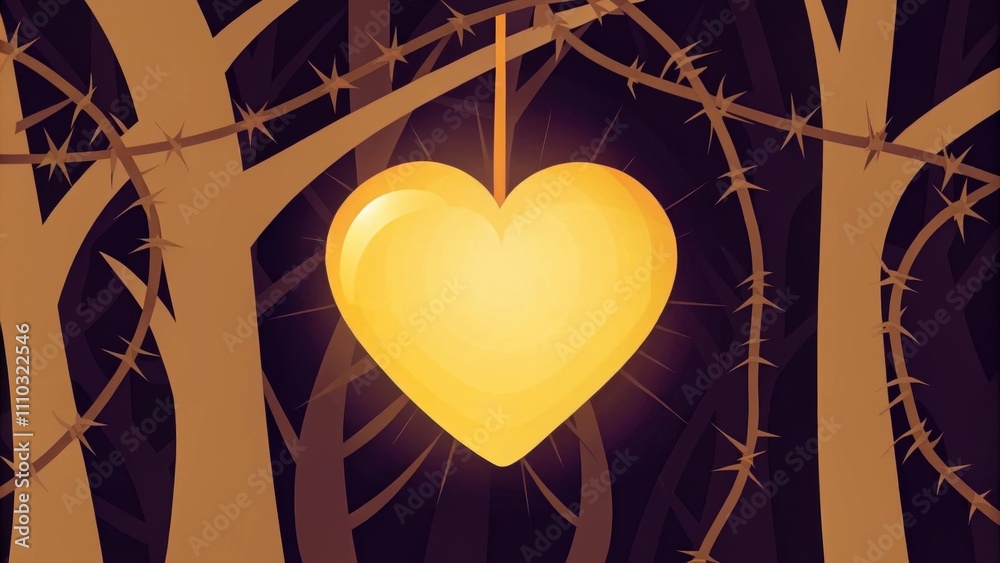 Poster in a dimly lit forest an illuminated heart sits at the center of a tangled mass of gnarled thorns. t