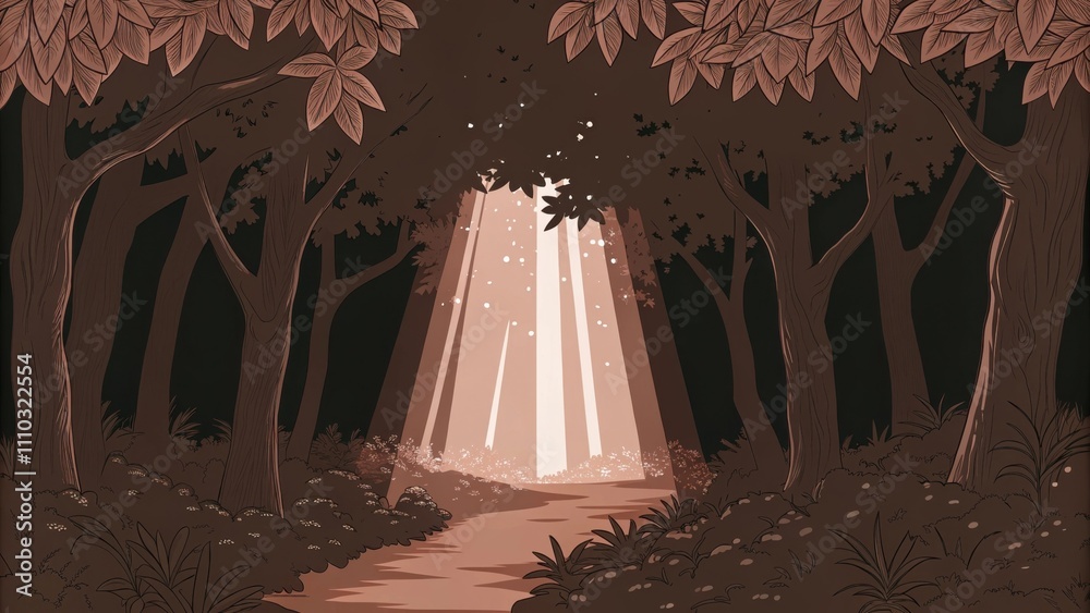 Leinwandbilder in a dark forest beams of soft ethereal light trate through the dense canopy of leaves above creatin