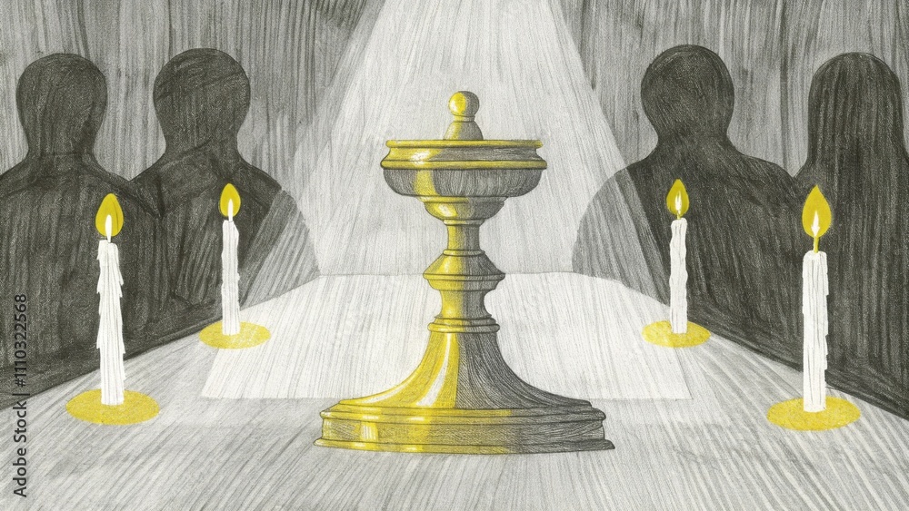 Poster In a dimly lit room a vintage brass lampstand stands proudly casting a soft flickering glow. Tall candles are arranged around the base their flames dancing gently in the breeze.. Cartoon