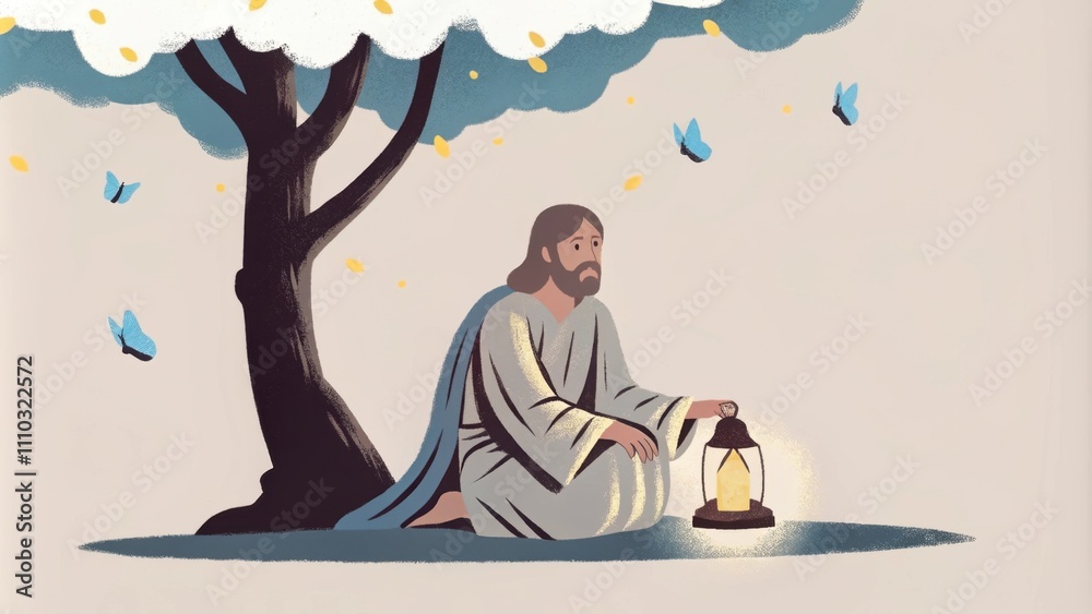 Poster in a lush green valley jesus sits beneath a large flowering tree the lantern beside him casting a ge