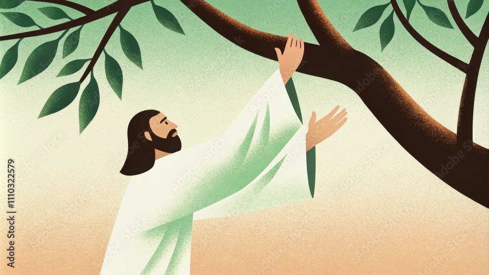 Poster in a moment frozen in time jesus calmly reaches upward toward zacchaeus whose hands grip a branch ti