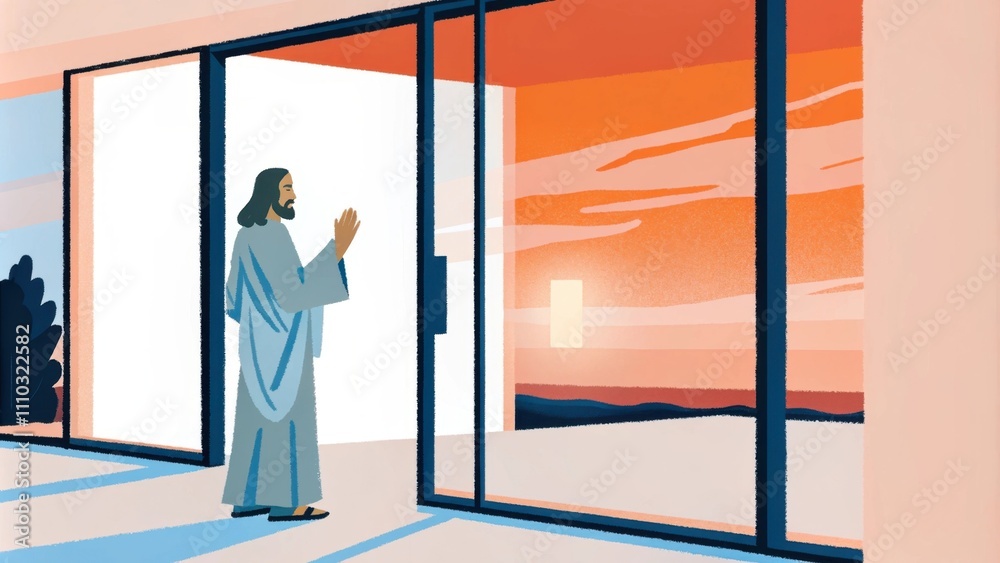 Poster in a minimalist setting a sleek glass door reflects the sunset creating a striking contrast with the