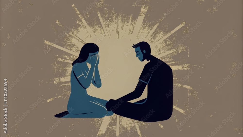 Poster in an intimate setting a healer sits crosslegged in front of a blind woman. her expression is one of