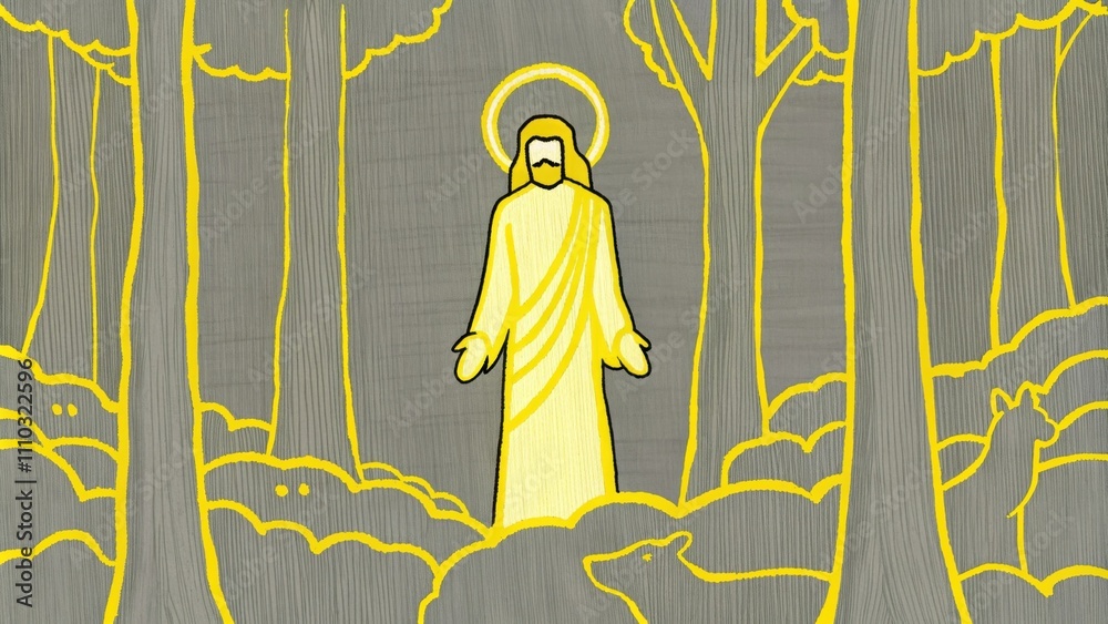 Poster in a mystical forest illuminated by soft golden light jesus appears as the central figure crowned wi