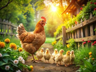 Fashionable Mother Hen with Chic Chicks in a Charming Rural Yard Surrounded by Lush Greenery and Rustic Farm Elements