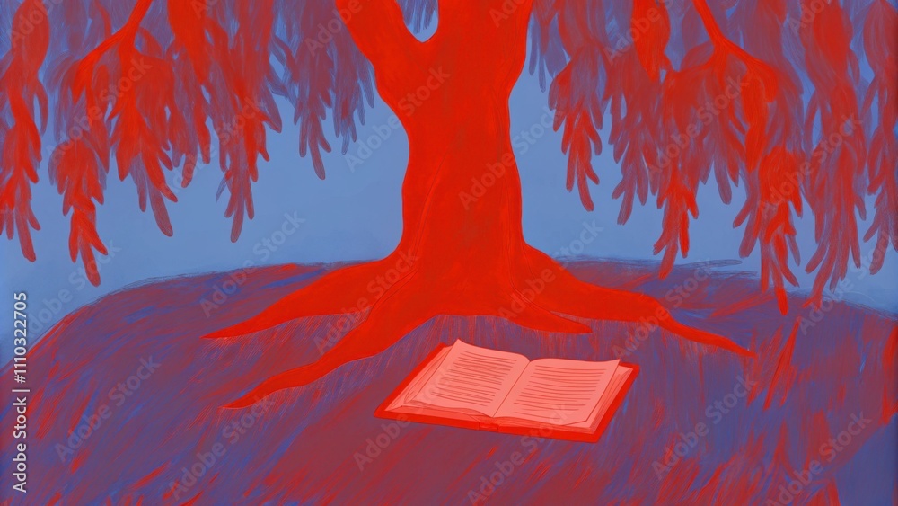 Aufkleber in a tranquil meadow a magnificent willow tree hangs its long flowing branches over a blanket of scr