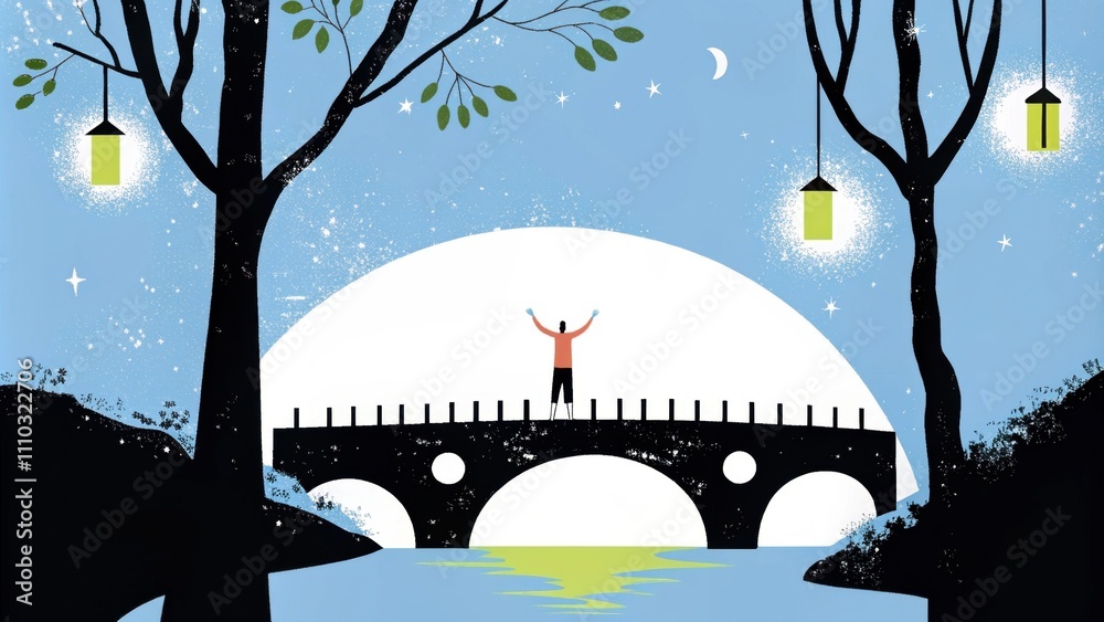 Poster in a twilight scene by an ancient stone bridge the figure stands with arms outstretched as soft ligh