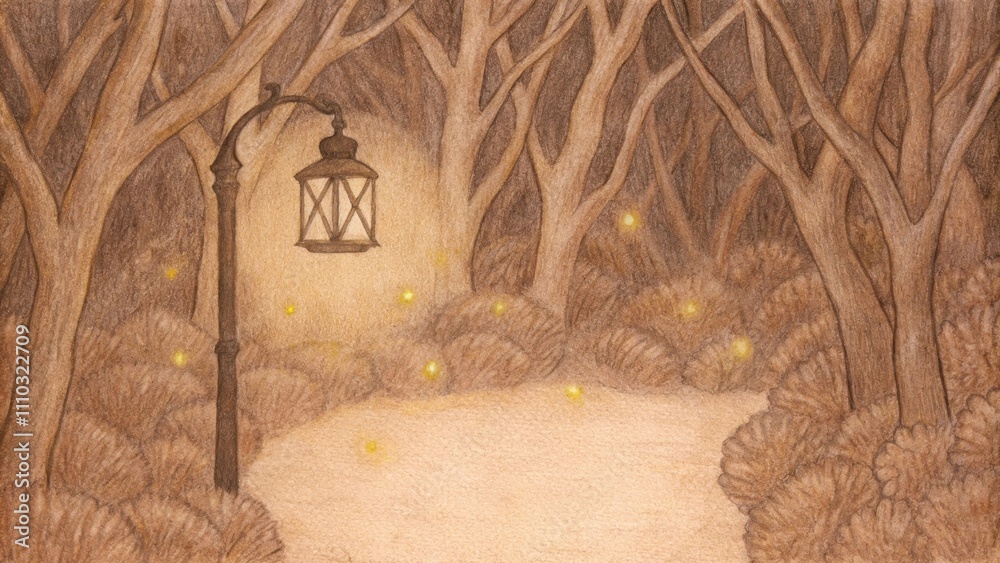 Poster in a tranquil garden a rustic lampstand made from twisted branches and wrought iron supports a glowi