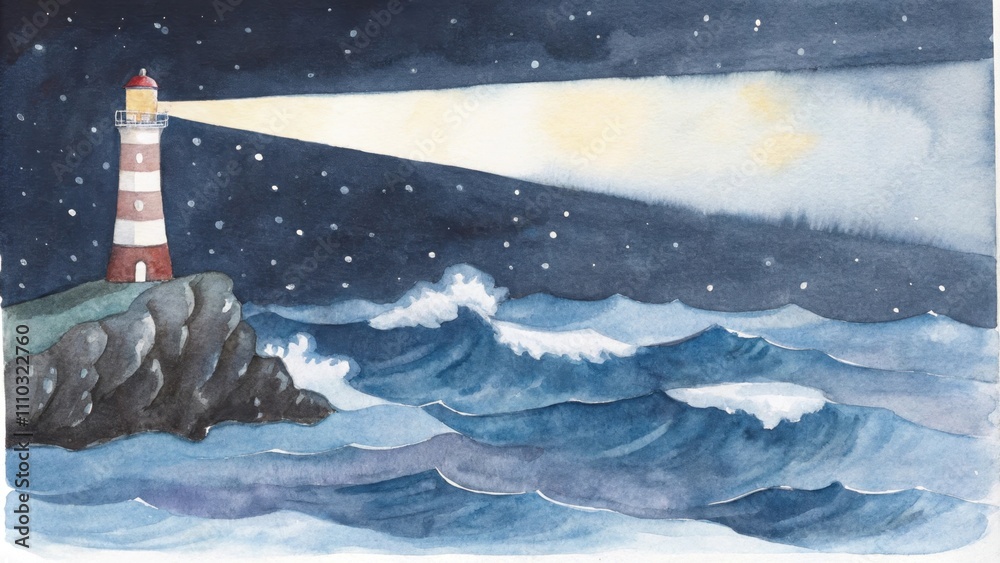 Aufkleber in a vast ocean waves crash against jagged rocks under a starry night sky. a lighthouse stands tall 