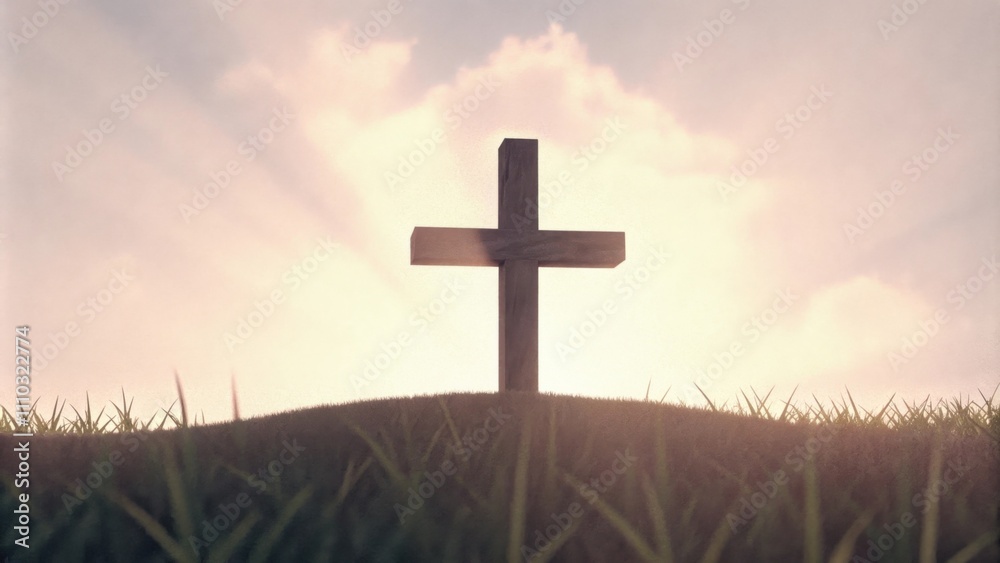 Poster in the calm of morning a cross crafted from dark wood stands prominently on a grassy hillock. the su