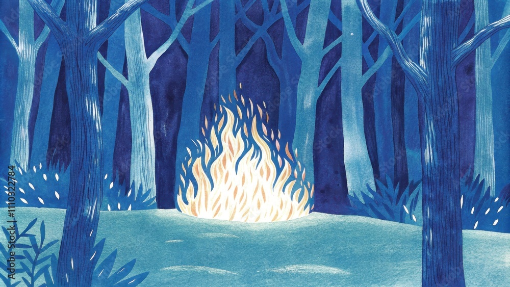 Poster in the center of a tranquil grove a bush of golden flames dances energetically its fiery leaves swir